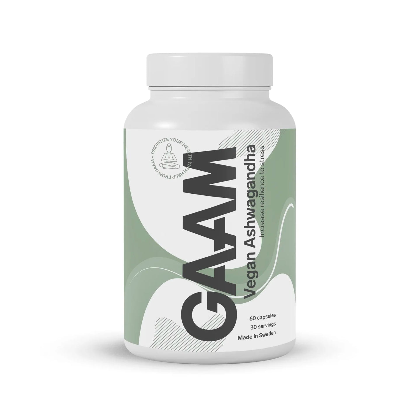 GAAM Vegan Ashwagandha 60 caps kosttillskott i en vit burk med ljusgröna grafiska detaljer.