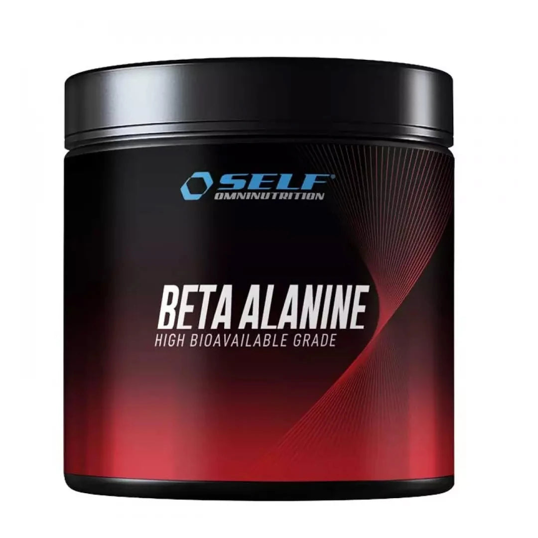 Self Omninutrition Beta-Alanine 200 g naturellt aminosyrapulver i en svart burk med röda detaljer.