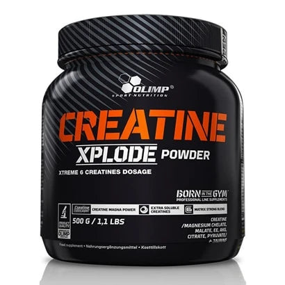 Olimp Creatine Xplode 500 g kreatinpulver i en svart burk med orange och vita detaljer.