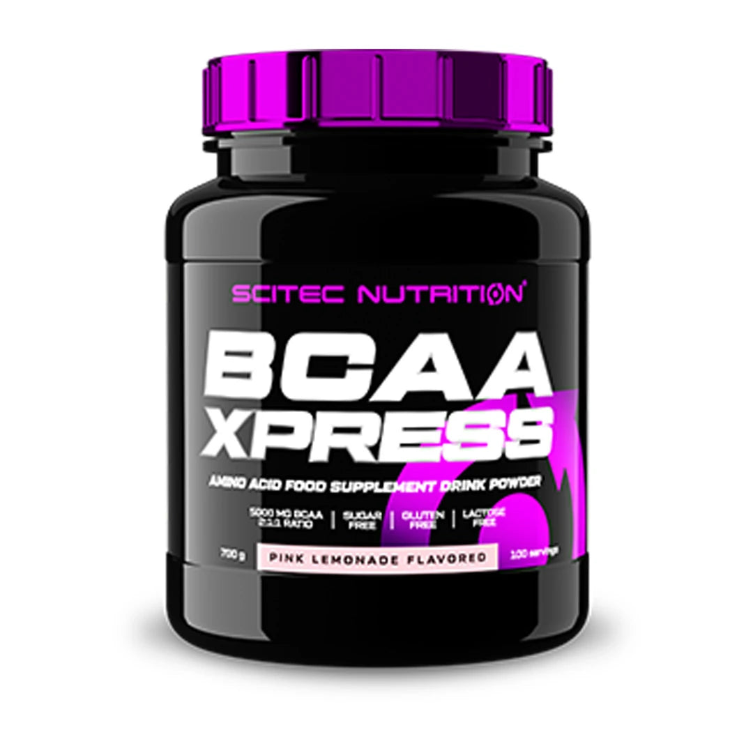 Svart burk med rosa lock och detaljer för Scitec Nutrition BCAA Xpress 700 g aminosyror i smaken Pink Lemonade.