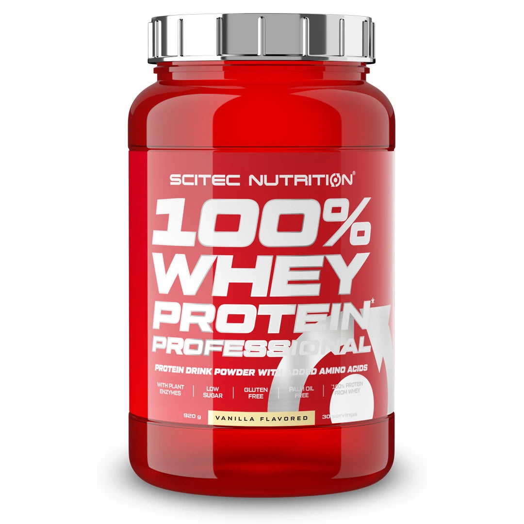 Scitec Nutrition 100% Whey Protein Professional 920 g proteinpulver i en röd burk med silverfärgat lock och smaken Vanilla.