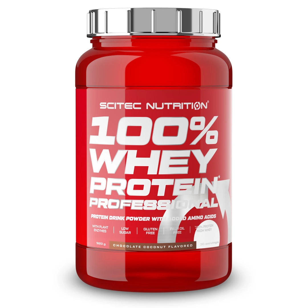 Scitec Nutrition 100% Whey Protein Professional 920 g proteinpulver i en röd burk med silverlock och smaken Chocolate Coconut.