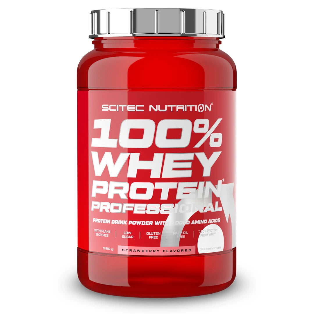 Scitec Nutrition 100% Whey Protein Professional 920 g proteinpulver i en röd burk med silverfärgat lock för smaken Strawberry., bild 3 av 5