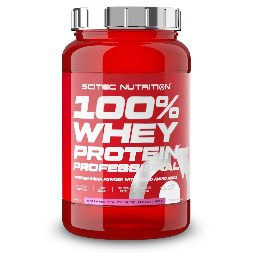 Scitec Nutrition 100% Whey Protein Professional 920 g proteinpulver i en röd burk med silverlock för smaken Strawberry White Chocolate., bild 5 av 5