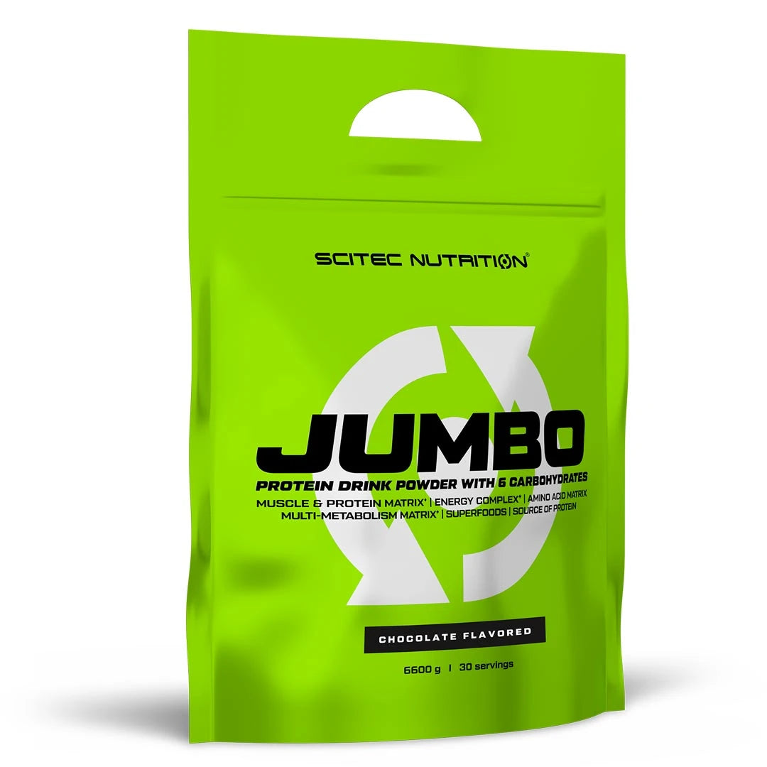 Scitec Nutrition Jumbo 6,6 kg gainer i en ljusgrön påse med svarta detaljer för smaken choklad.