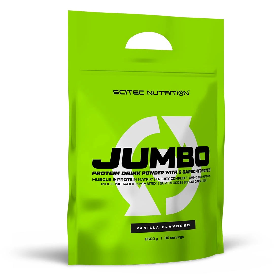 Scitec Nutrition Jumbo 6.6 kg gainer i en stor ljusgrön påse för smaken vanilj.