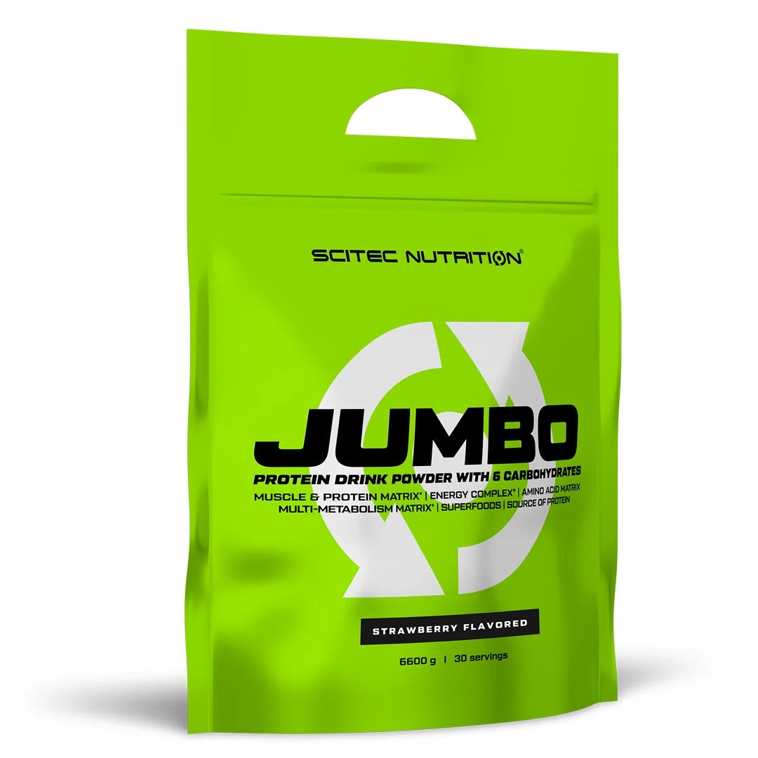Scitec Nutrition Jumbo 6,6 kg gainer i en klargrön påse för smaken Strawberry., bild 3 av 3