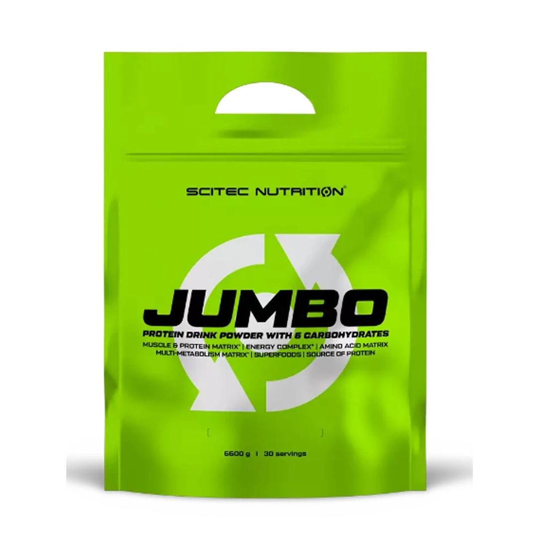 Scitec Nutrition Jumbo 6.6 kg gainer i pulverform förpackad i en iögonfallande limegrön påse med svarta och vita detaljer.
