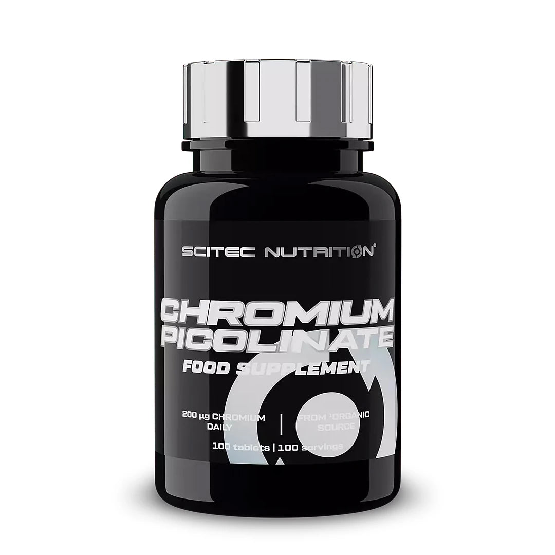 Scitec Nutrition Chromium Picolinate 100 tabs kosttillskott i en svart plastburk med silvrigt lock.
