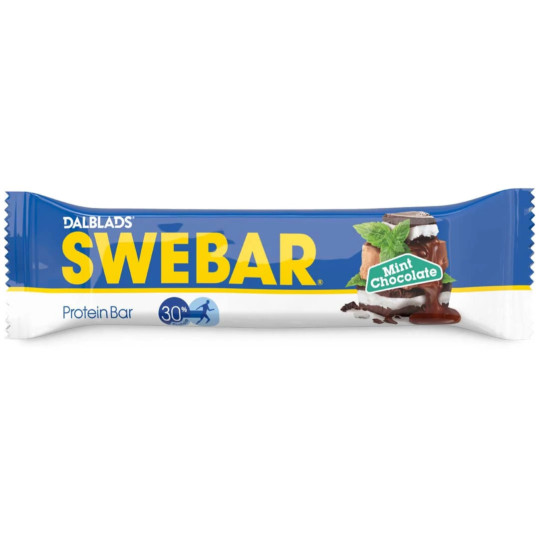 Dalblads Swebar 55 g proteinbar i en blå och vit förpackning med gul text för smaken Mint Chocolate.