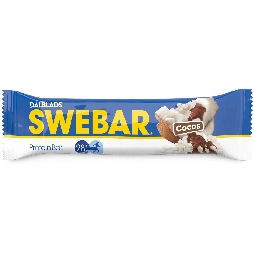 Dalblads Swebar 55 g proteinbar i en blå och vit förpackning med gula detaljer för smaken Cocos., bild 5 av 6
