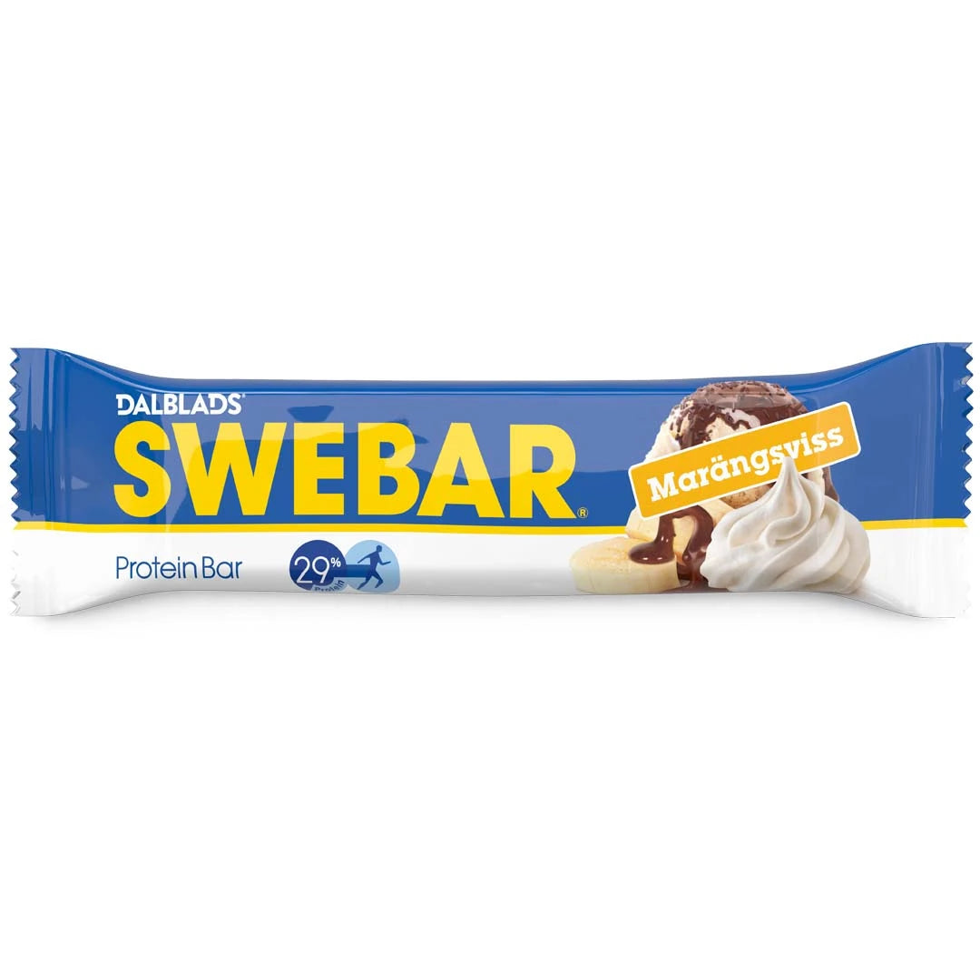 Dalblads Swebar 55 g proteinbar i en blå och vit förpackning med smaken Marängsviss.