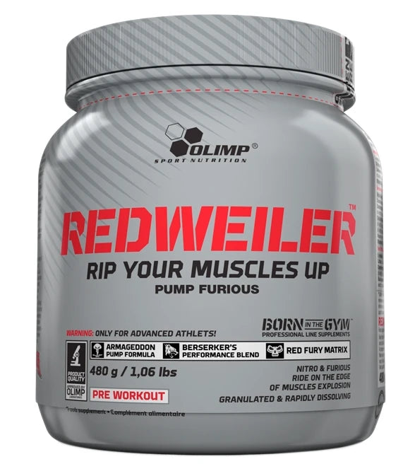 Olimp Redweiler 480 g pre-workout pulver i en grå burk med röd text, för ökad prestation.