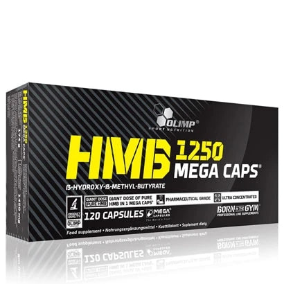 Olimp HMB Mega caps 120 caps kosttillskott i en svart kartong med gula och vita textdetaljer.
