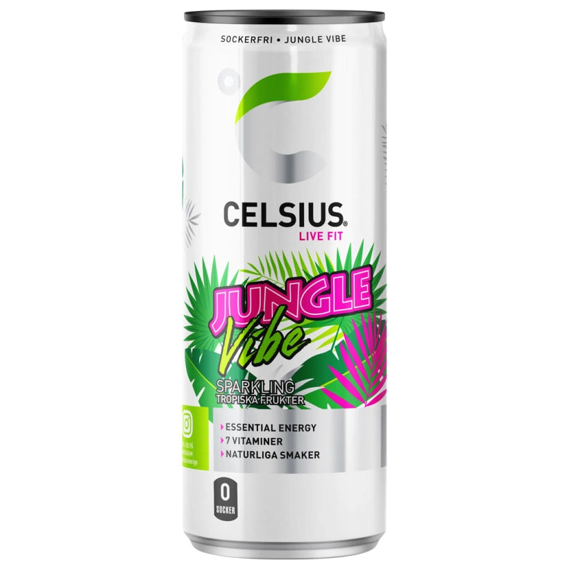 Celsius 355 ml energidryck i en vit burk med tropiskt mönster för den sockerfria smaken Jungle Vibe.