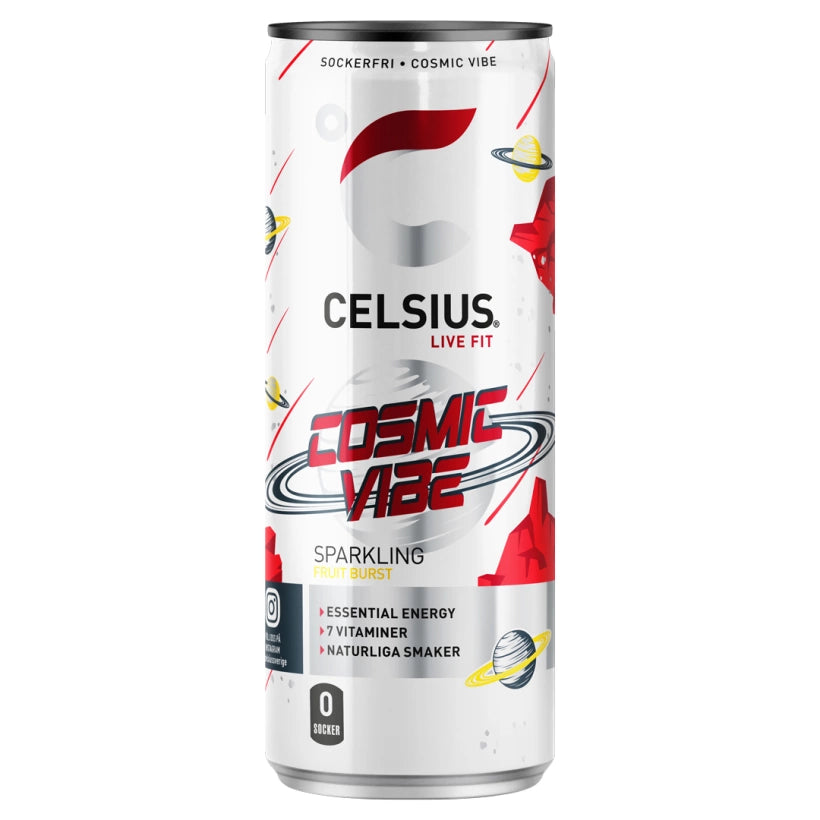 Celsius 355 ml energidryck i en vit burk med rymdtema och röda detaljer för smaken Cosmic Vibe.