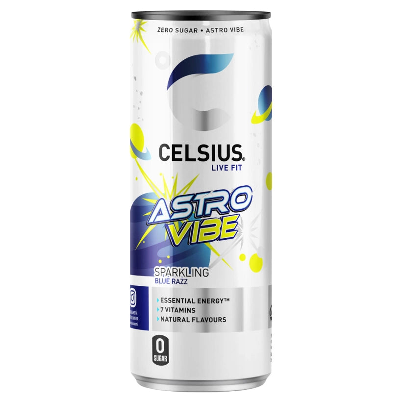 Celsius 355 ml energidryck i en vit burk med rymdinspirerade blå och gula detaljer för smaken Astro Vibe.