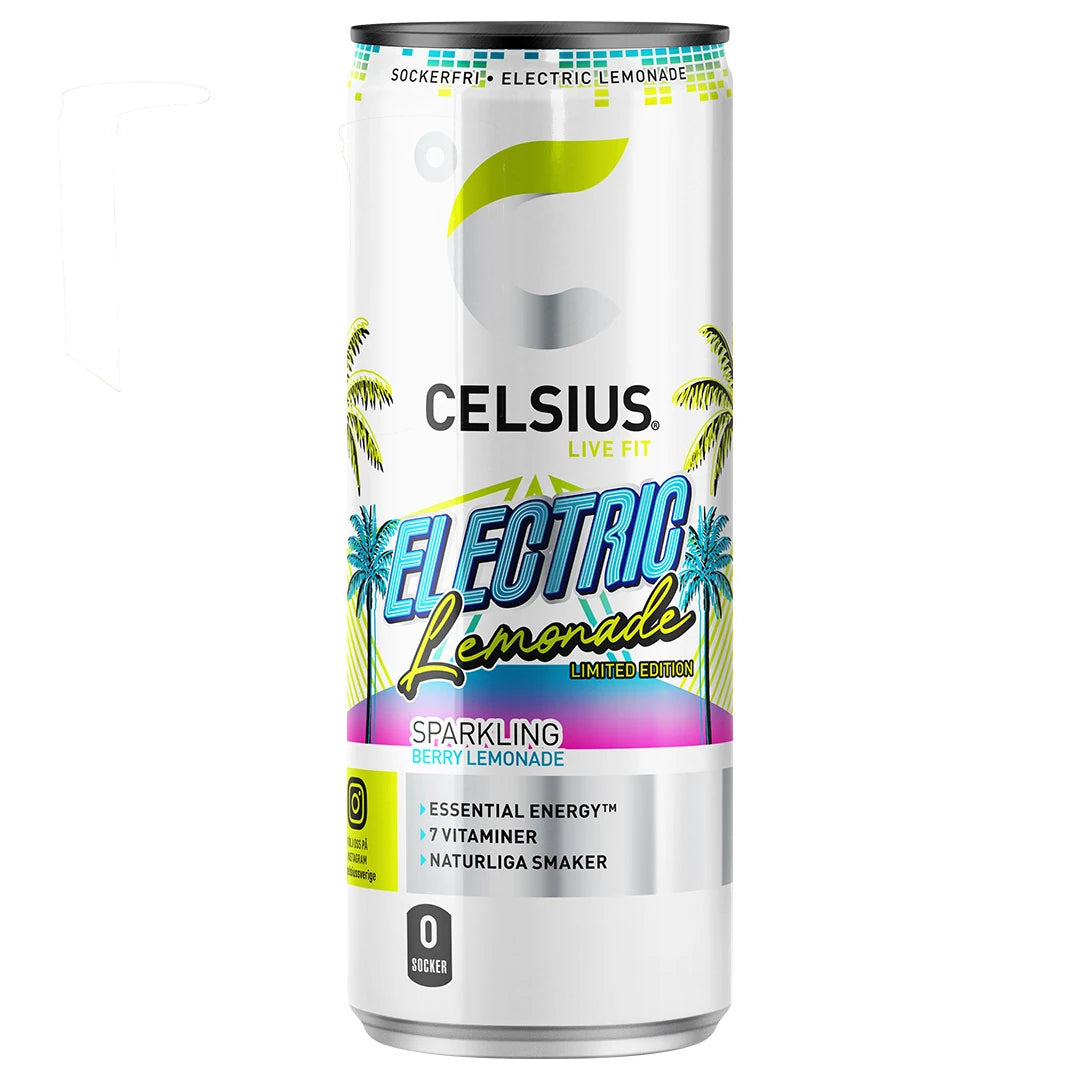 Celsius 355 ml energidryck i en vit burk med färgglada detaljer för smaken Electric Lemonade.