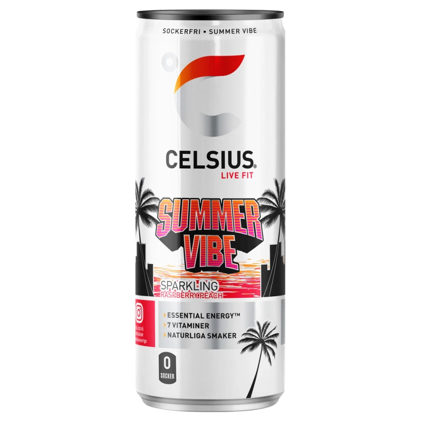 Celsius 355 ml energidryck i en vit aluminiumburk med palmmotiv för smaken Summer Vibe.