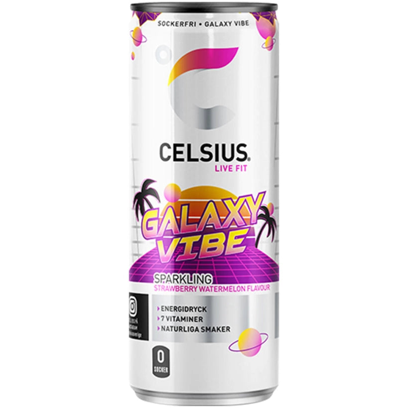 Celsius 355 ml energidryck i en vit burk med rosa och lila detaljer för smaken Galaxy Vibe.