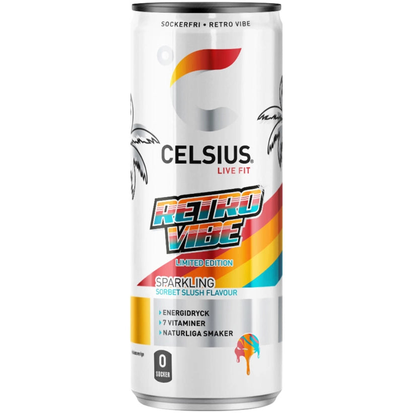 Celsius 355 ml energidryck i en vit aluminiumburk med färgstark design för smaken Retro Vibe.