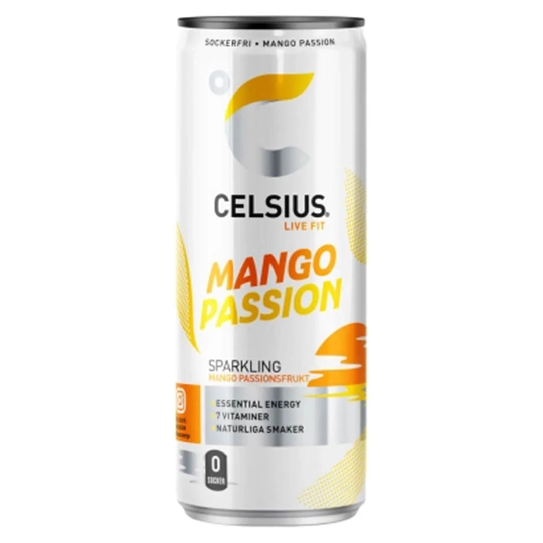 Celsius 355 ml energidryck i en stilren vit burk med gula och orangea detaljer för smaken Mango Passion.