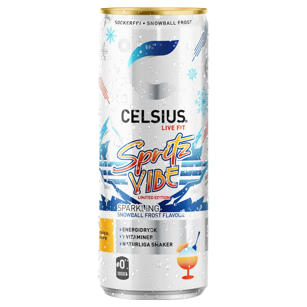 Celsius 355 ml energidryck i en vit burk med blå detaljer och snöflingor för smaken Spritz Vibe Limited Edition.