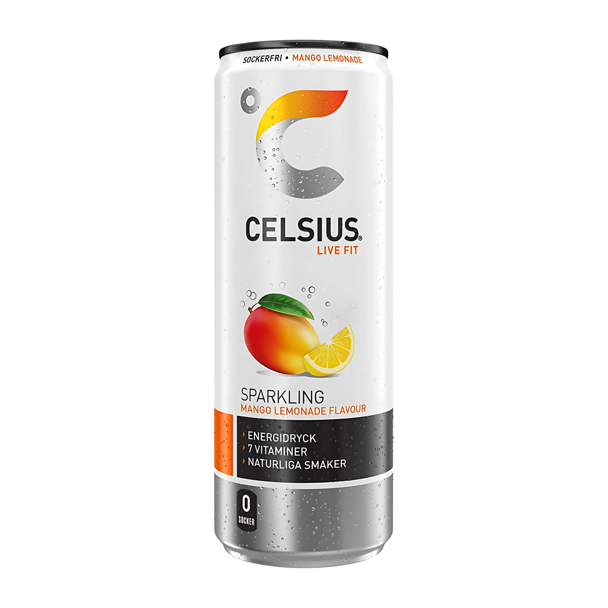 Celsius 355 ml energidryck i en vit burk med motiv av mango och citron för smaken Mango Lemonade., bild 4 av 11