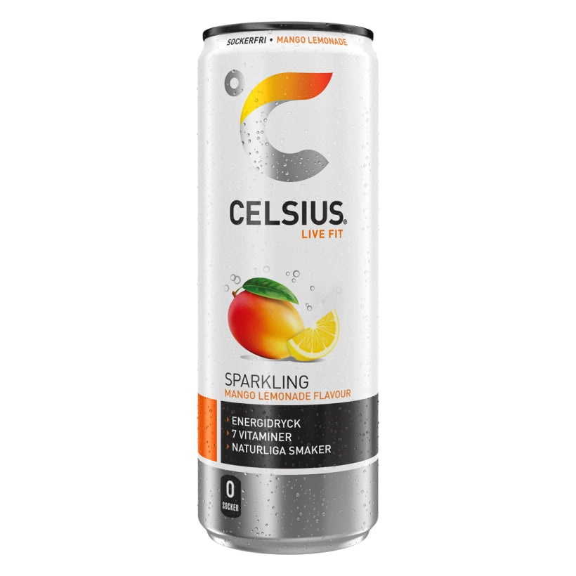 Celsius 355 ml energidryck i en vit aluminiumburk med orange detaljer för smaken Mango Lemonade.