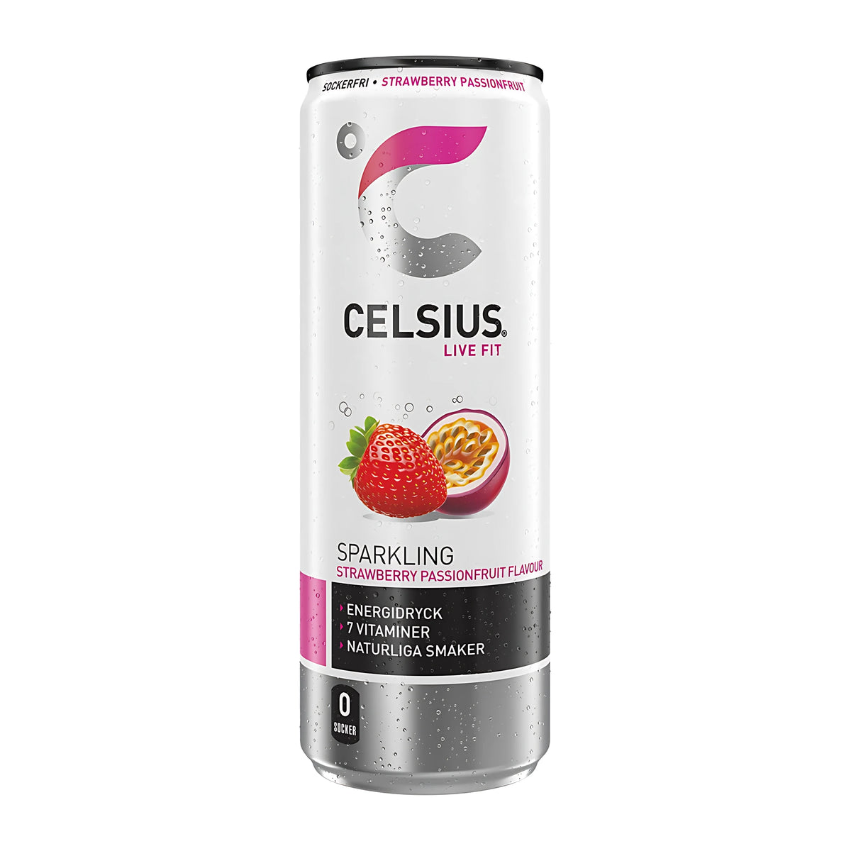 Celsius 355 ml i en vit och silverfärgad burk med rosa detaljer och motiv av jordgubbe och passionsfrukt för smaken Strawberry Passionfruit., bild 3 av 11