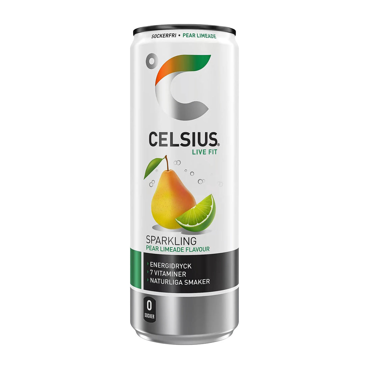 Celsius 355 ml sockerfri energidryck i en vit burk med motiv av päron och lime för smaken Pear Limeade., bild 2 av 11