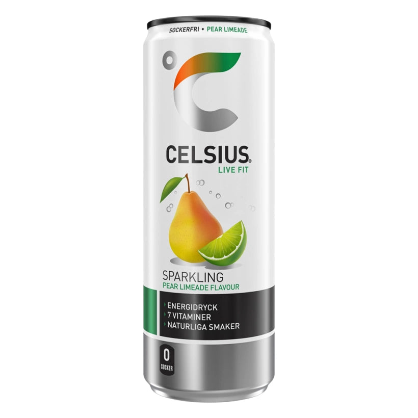 Celsius 355 ml energidryck i en vit och silvrig burk med smaken Pear Limeade, dekorerad med päron och lime.