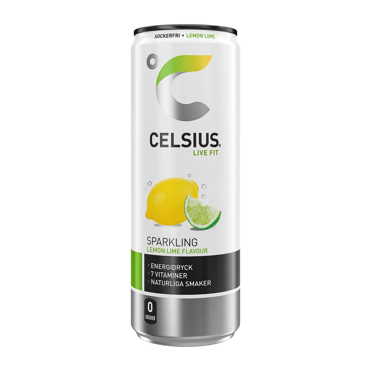 Celsius 355 ml energidryck i en vit burk med gröna och gula detaljer för smaken Lemon Lime., bild 1 av 11
