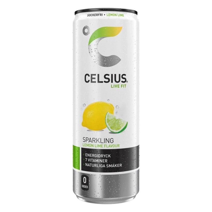 Celsius 355 ml energidryck i en ljus burk med smak av citron och lime.