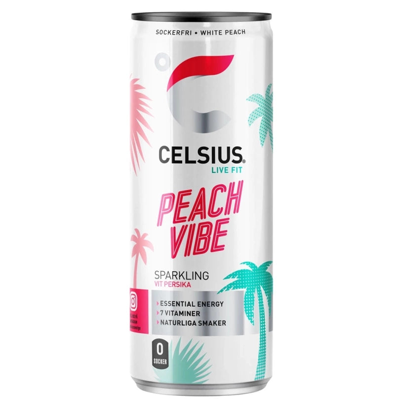 Celsius 355 ml energidryck i en vit burk med rosa text och palmer för smaken Peach Vibe.