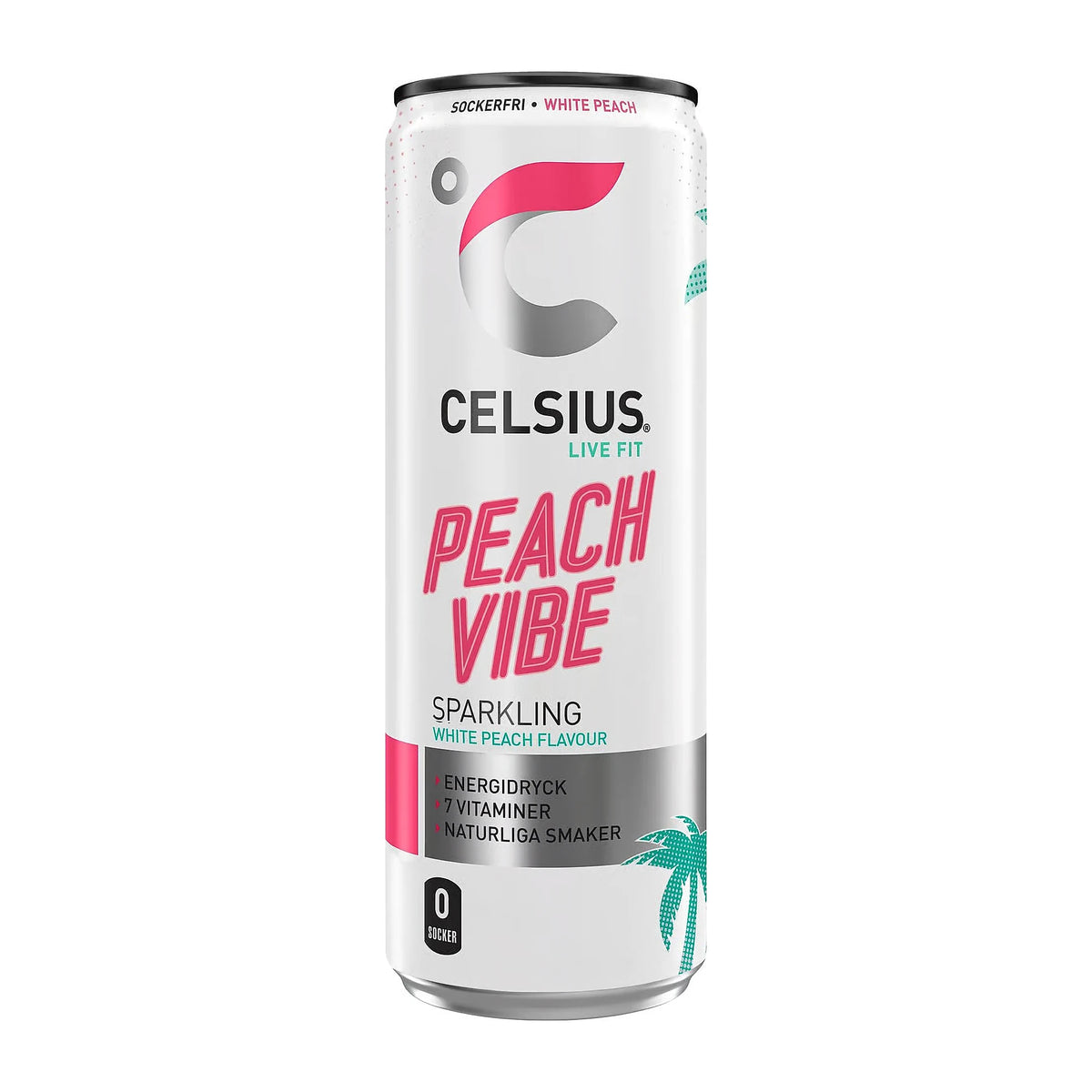 Celsius 355 ml energidryck i en vit burk med rosa och turkosa detaljer för smaken Peach Vibe., bild 8 av 11