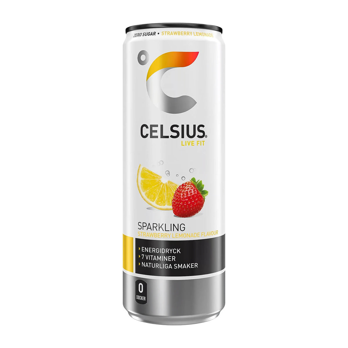 Celsius 355 ml energidryck i en vit burk med motiv av citron och jordgubbe för smaken Strawberry Lemonade., bild 5 av 11