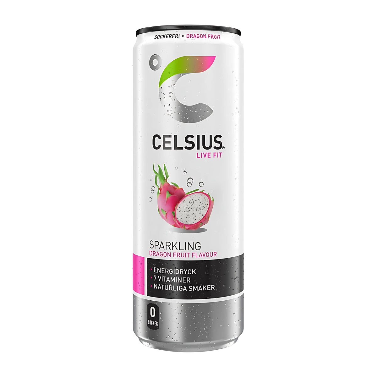Celsius 355 ml energidryck i en vit och silverfärgad burk med rosa detaljer för smaken Dragon Fruit., bild 7 av 11