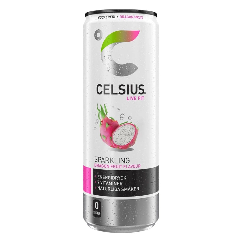 Celsius 355 ml energidryck i en vit och silvrig burk med smak av Dragon Fruit.