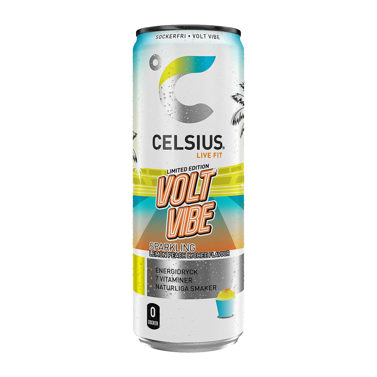Celsius 355 ml energidryck i en vit burk med färgglada detaljer för smaken Volt Vibe., bild 9 av 11