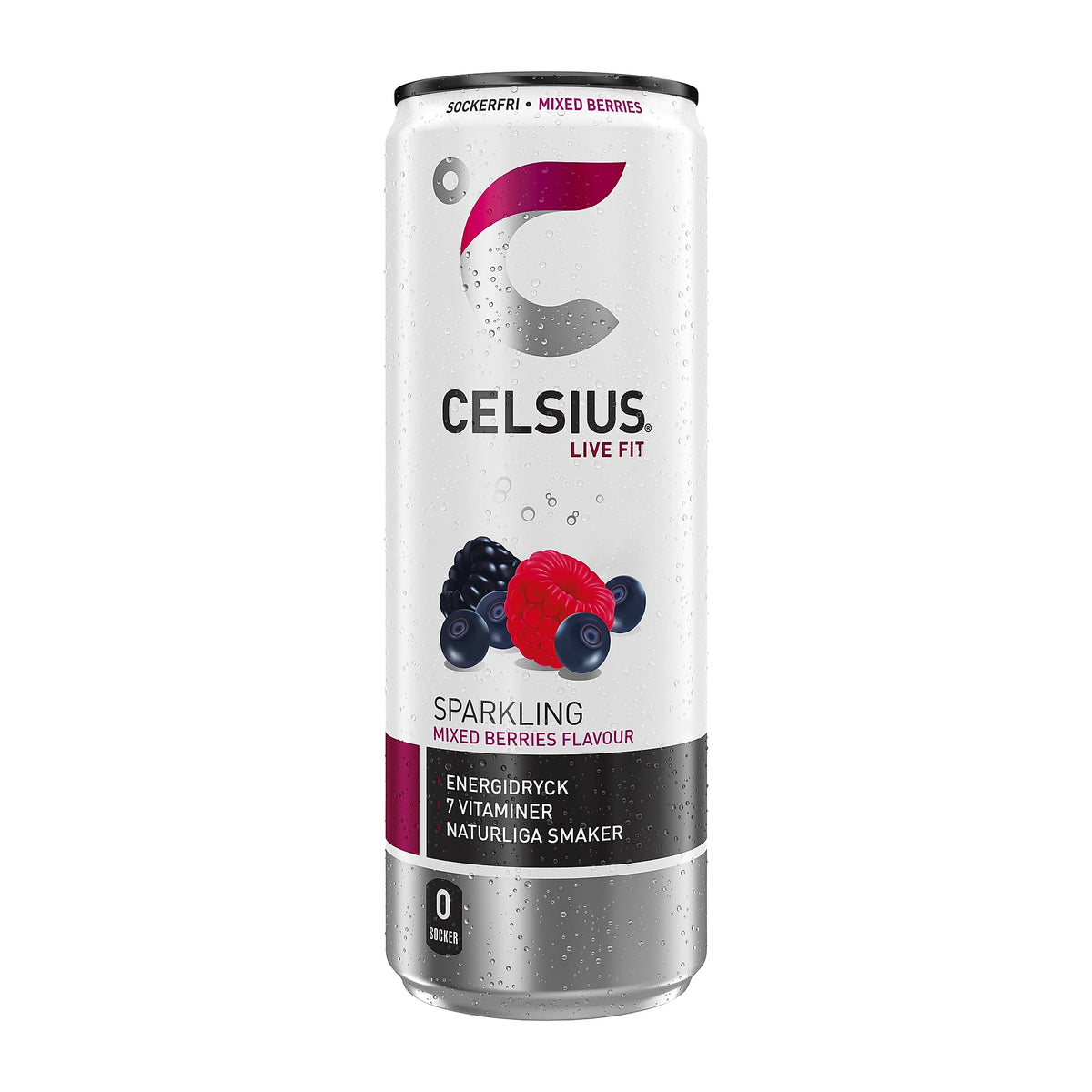 Celsius 355 ml sockerfri energidryck i en vit och silverfärgad burk med bärmotiv för smaken Mixed Berries., bild 6 av 11