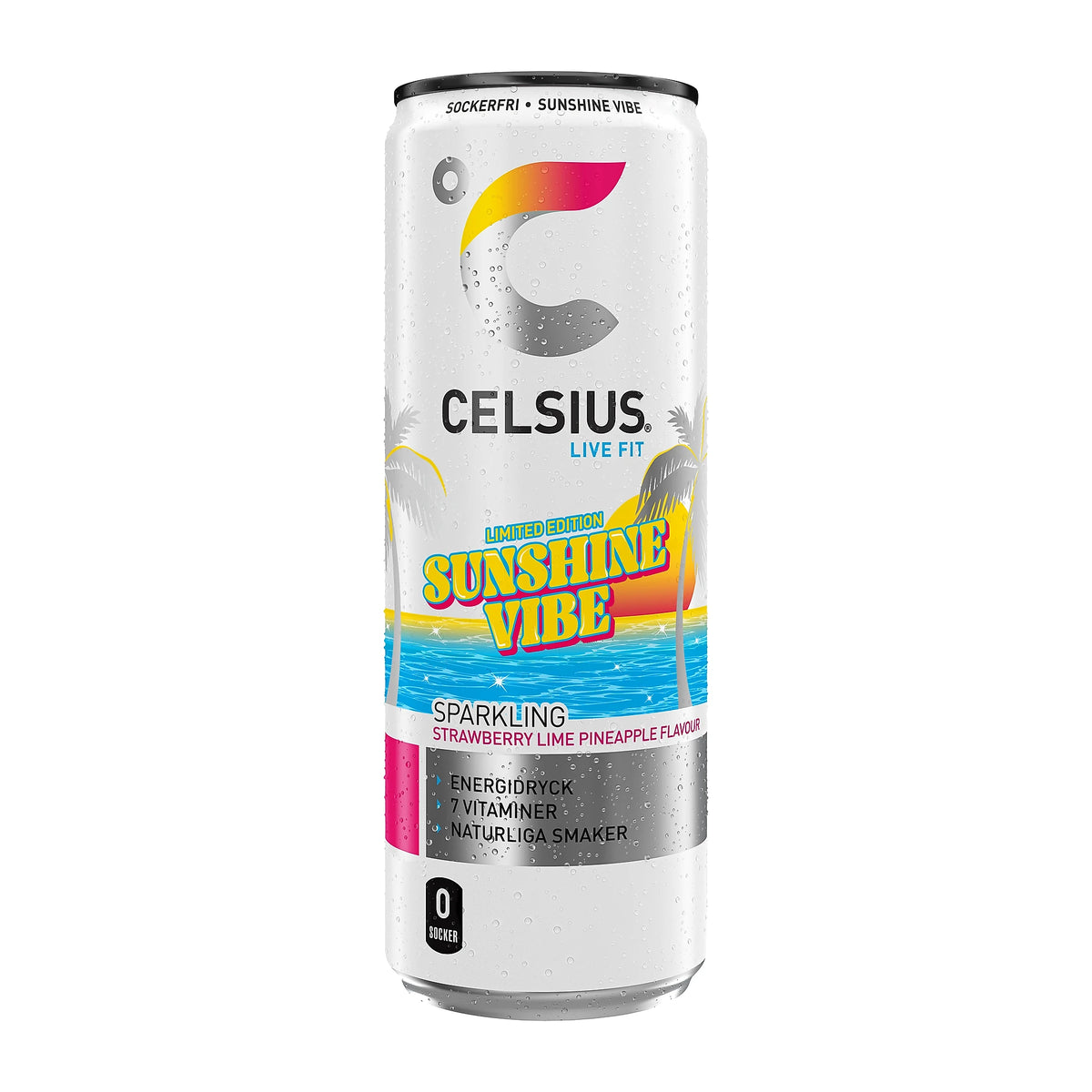 Celsius 355 ml energidryck i smaken Sunshine Vibe i en vit burk med färgglatt strand- och solnedgångsmotiv., bild 10 av 11