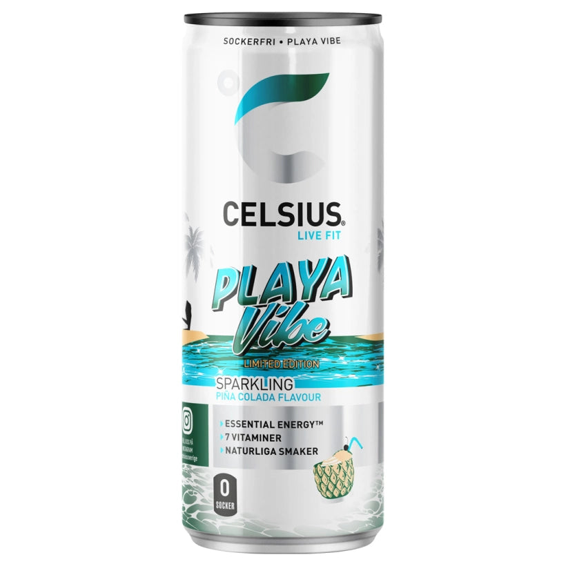 Celsius 355 ml energidryck i en vit och turkos burk med smaken Playa Vibe Piña Colada.
