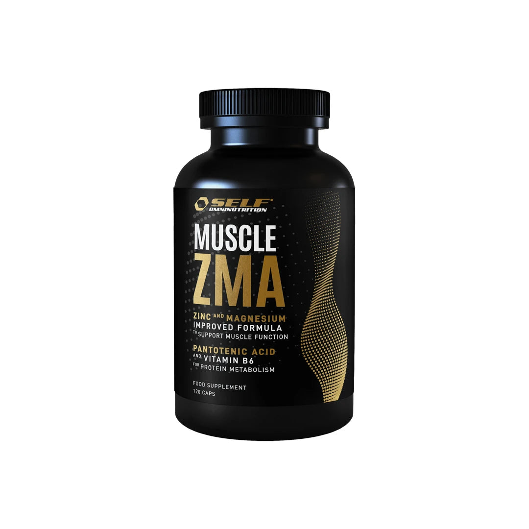 Svart plastburk med guldiga och vita detaljer av kosttillskottet Self Omninutrition Muscle ZMA 120 caps.