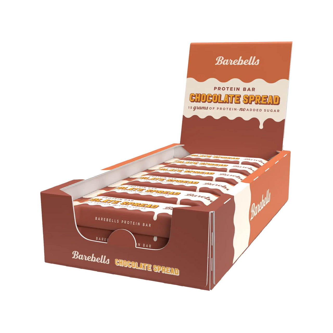 Barebells Protein Bar Spread 45 g Chocolate Spread i en brun och orange displaykartong med 12 proteinbarer.
