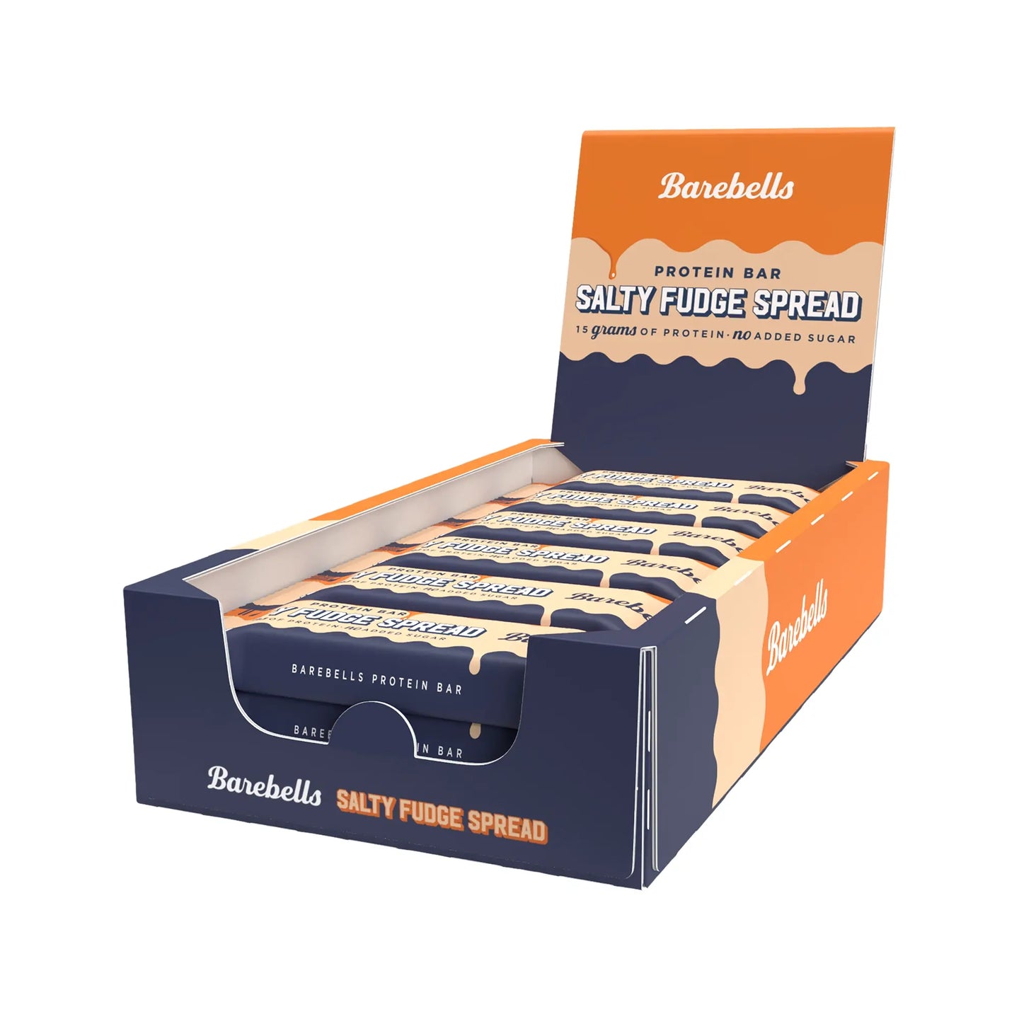Barebells Protein Bar Spread 45 g Salty Fudge Spread 12-pack i en mörkblå och orange displaykartong., bild 1 av 1