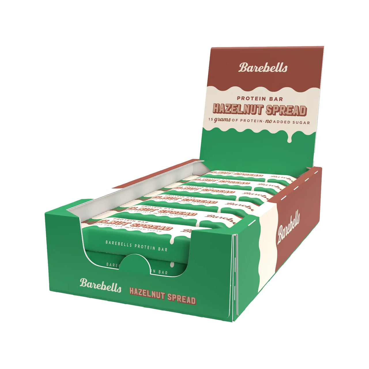 12 x Barebells Protein Bar Spread 45 g Hazelnut Spread i en grön och brun displaykartong.