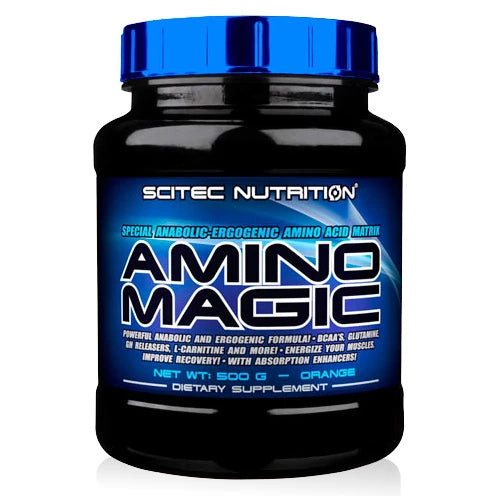 Scitec Nutrition Amino Magic 500 g aminosyrapulver i en svart burk med blått lock och etikett för smaken Orange.