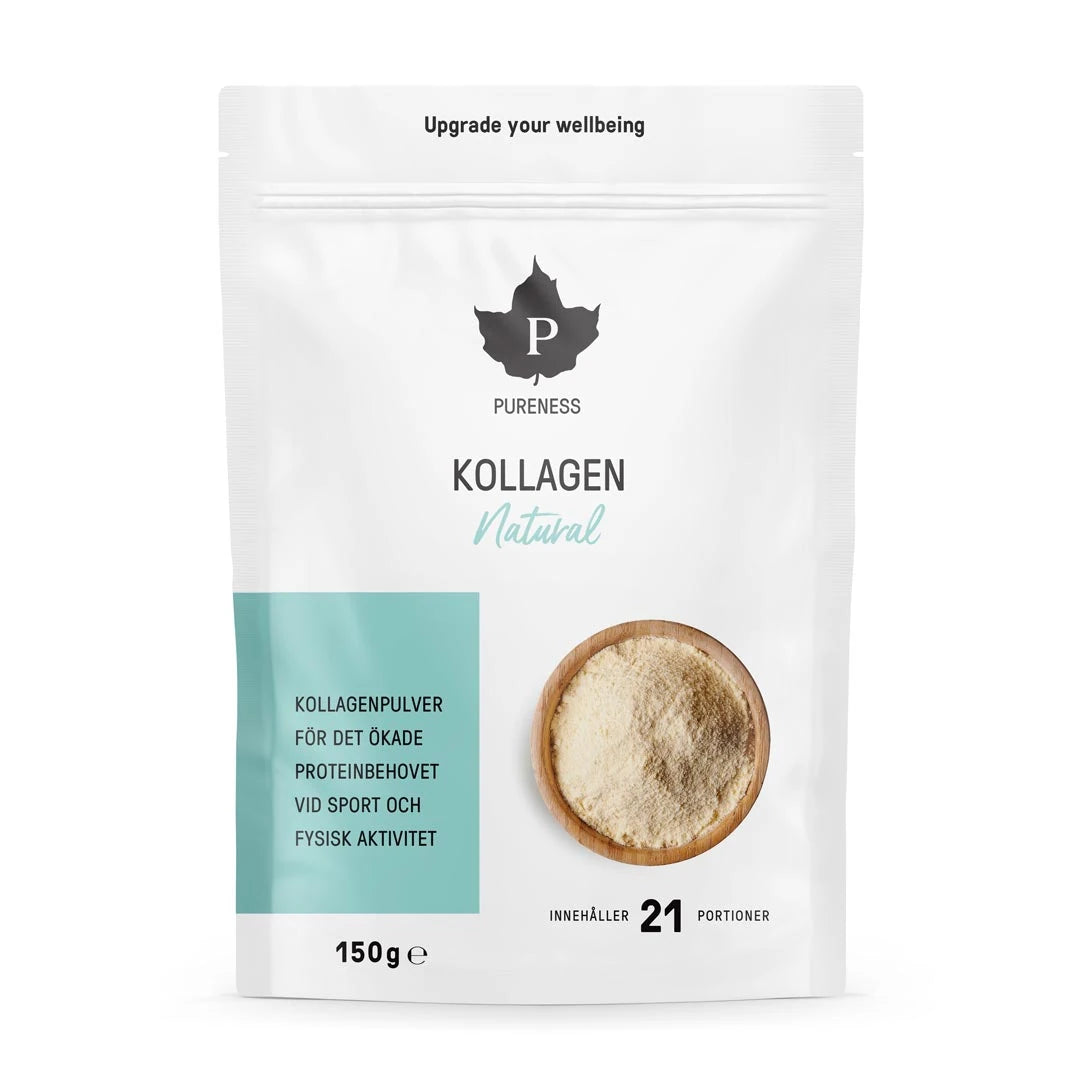 Pureness Kollagen Natural 150 g är ett kollagenpulver med neutral smak i en vit påse med ljusblå detaljer.