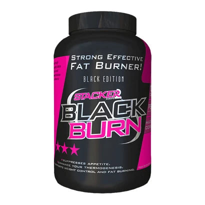Svart burk med rosa och silverfärgade detaljer av fettförbrännaren Stacker2 Black Burn 120 caps.